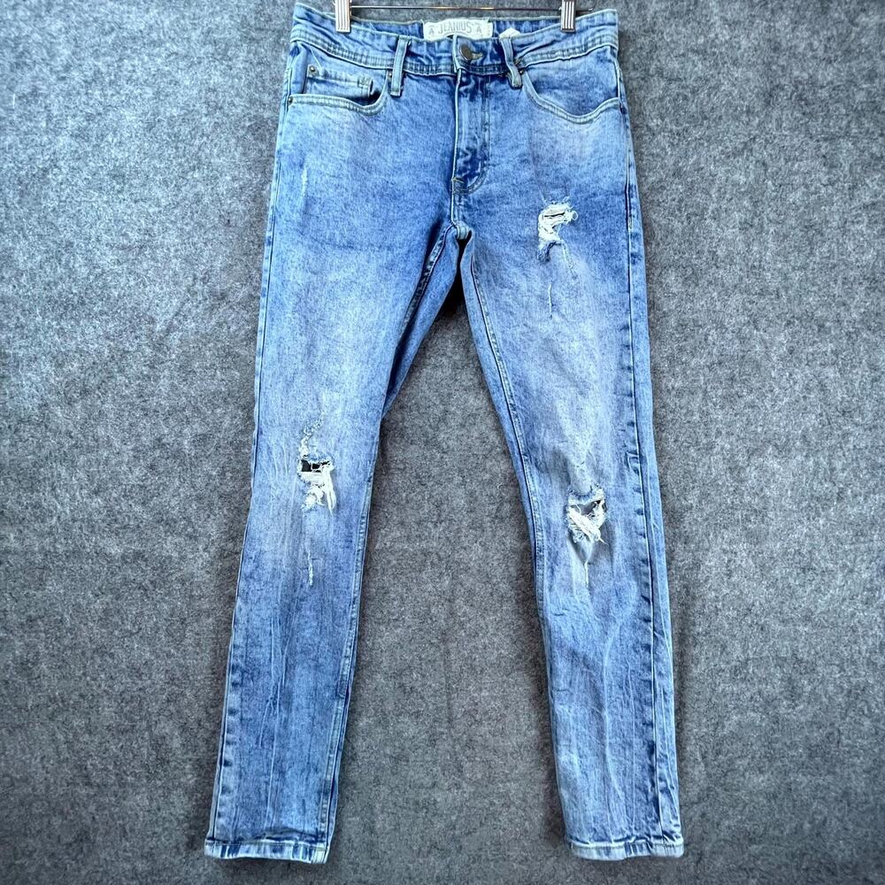 Akademiks Jeanius Jeans Mens 30 Blue Skinny Distressed Y2K Holes Thrashed Grunge